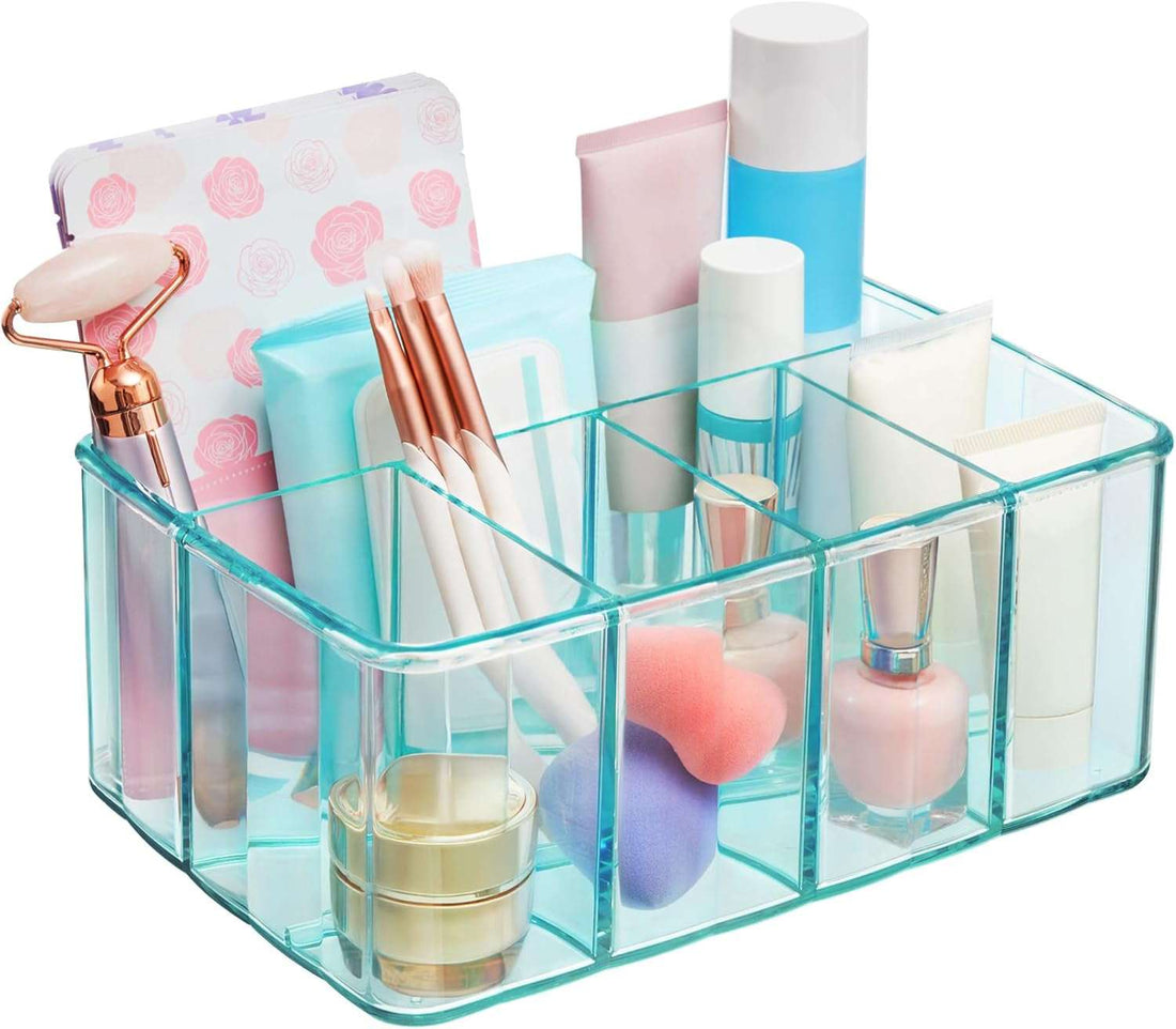 5-Compartment Plastic Organizer, Ocean Mist, Rectangular Divided Makeup and Vanity Storage Bin and Office Desk Caddy, Scalloped Wall Design, Made in USA