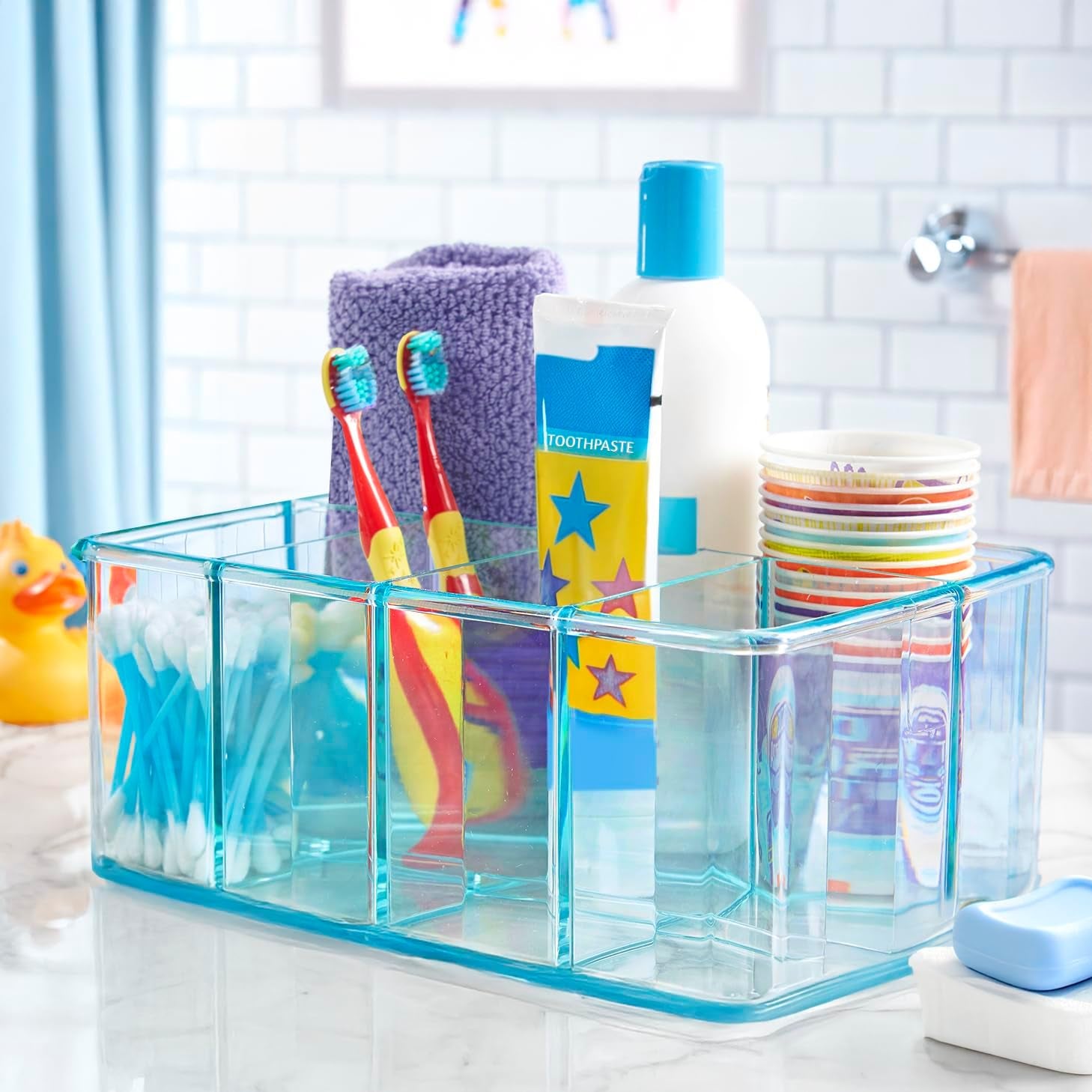 5-Compartment Plastic Organizer, Ocean Mist, Rectangular Divided Makeup and Vanity Storage Bin and Office Desk Caddy, Scalloped Wall Design, Made in USA