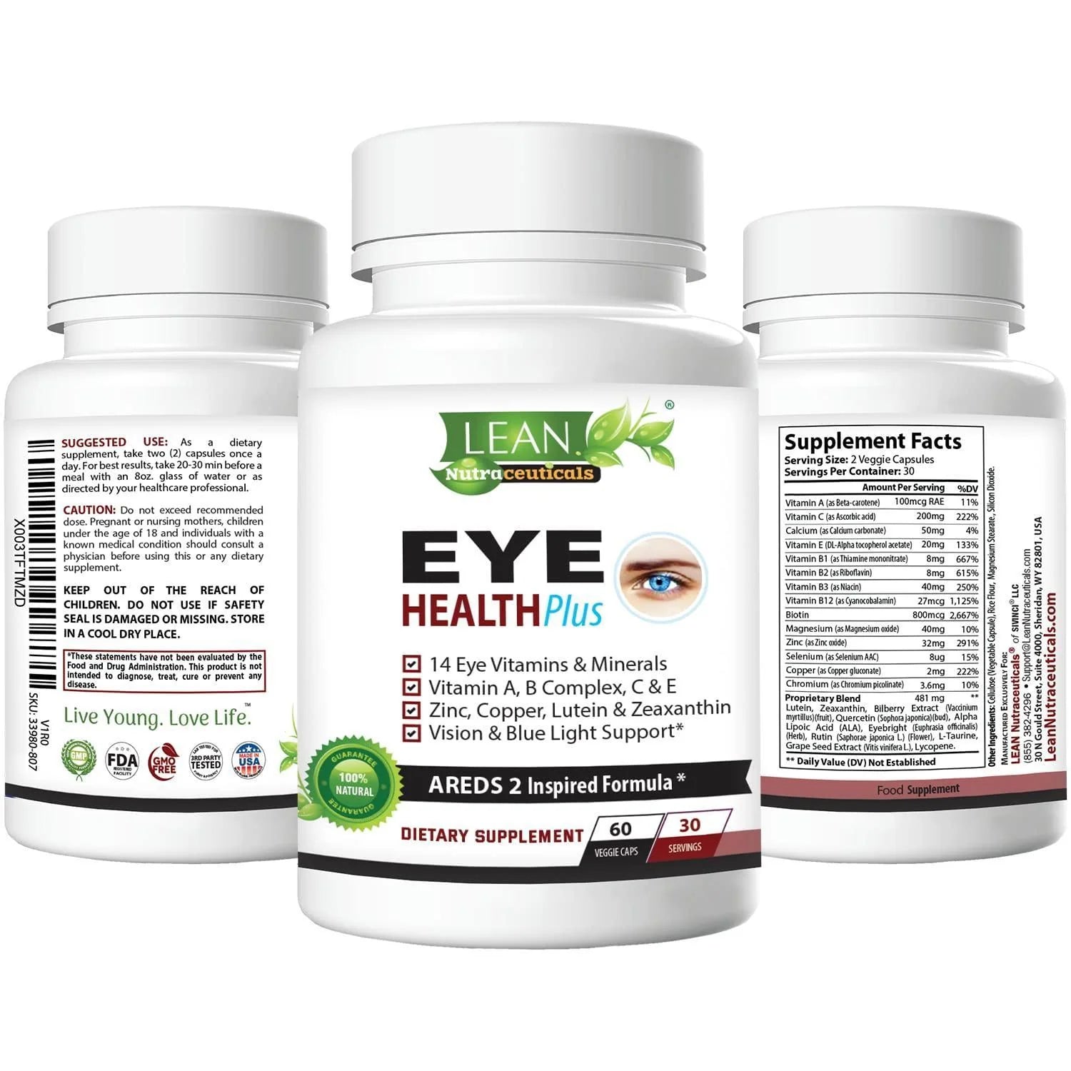 Areds 2 Eye Health plus W Copper Vitamin a B C E Lutein & Zeaxanthin Quercetin Zinc Bilberry Extract Biotin Sight Care Dryness Strain Night Vision Supplement for Adults 60 Capsule