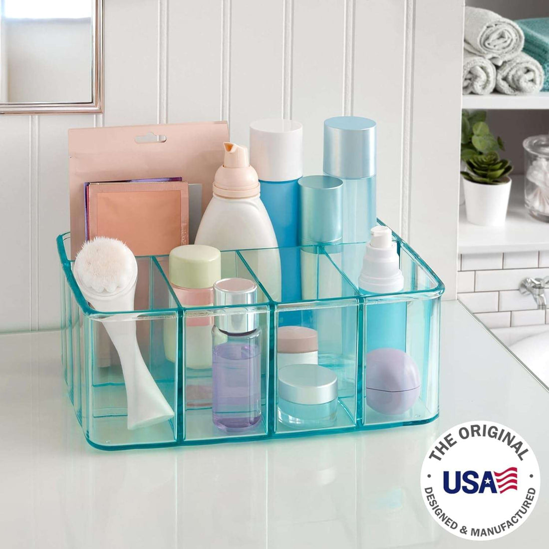 5-Compartment Plastic Organizer, Ocean Mist, Rectangular Divided Makeup and Vanity Storage Bin and Office Desk Caddy, Scalloped Wall Design, Made in USA
