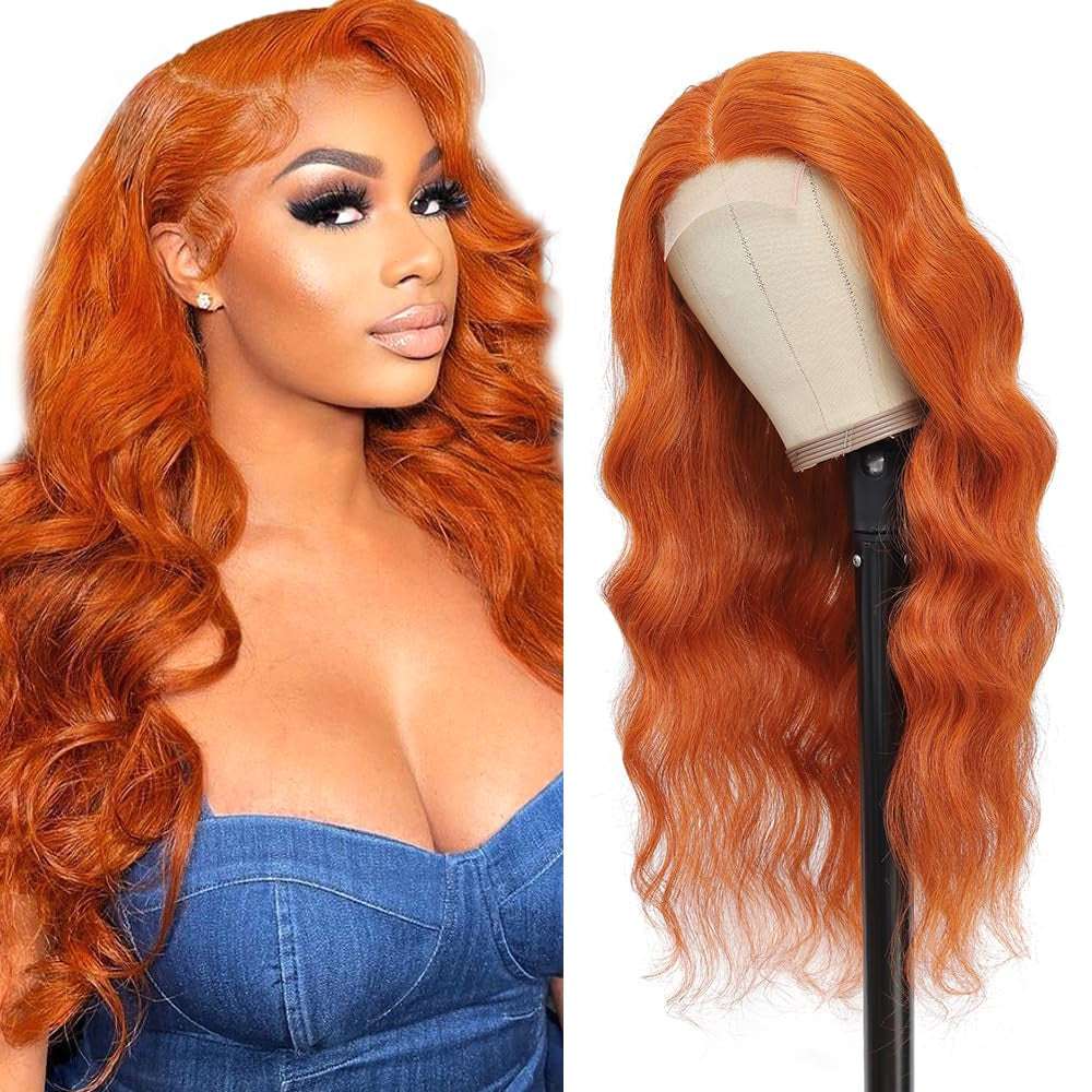 22 Inch Orange Lace Front Wigs Human Hair Body Wave 4X4 Hd Transparent Lace Closure Wig Brazilian Human Hair Pre Plucked with Baby Hair Glueless Wig