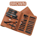 16-piece brown manicure set with nail clipper cutter, trimmer, ear pick, and grooming tools in PU leather case