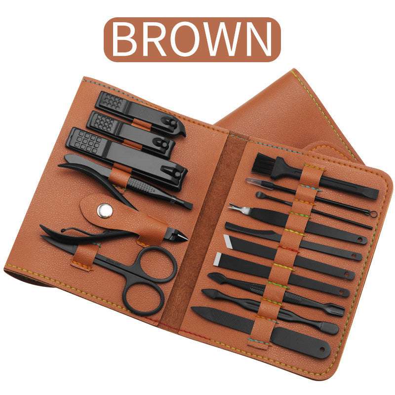 16-piece brown manicure set with nail clipper cutter, trimmer, ear pick, and grooming tools in PU leather case
