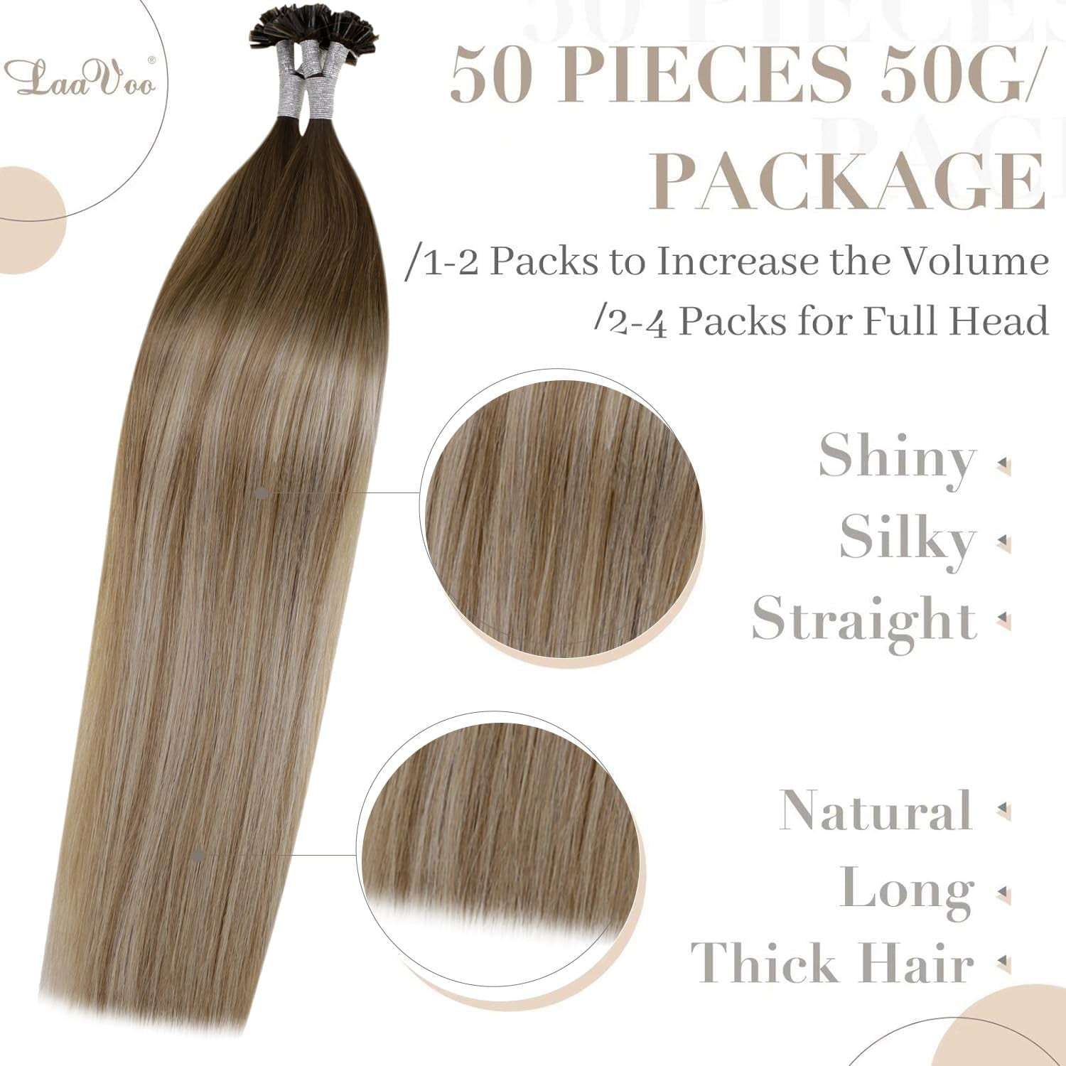 U Tip Hair Extensions Real Human Hair - Medium Brown Ombre, Golden Blonde Balayage, Platinum Blonde - 20Inch, 50G/S