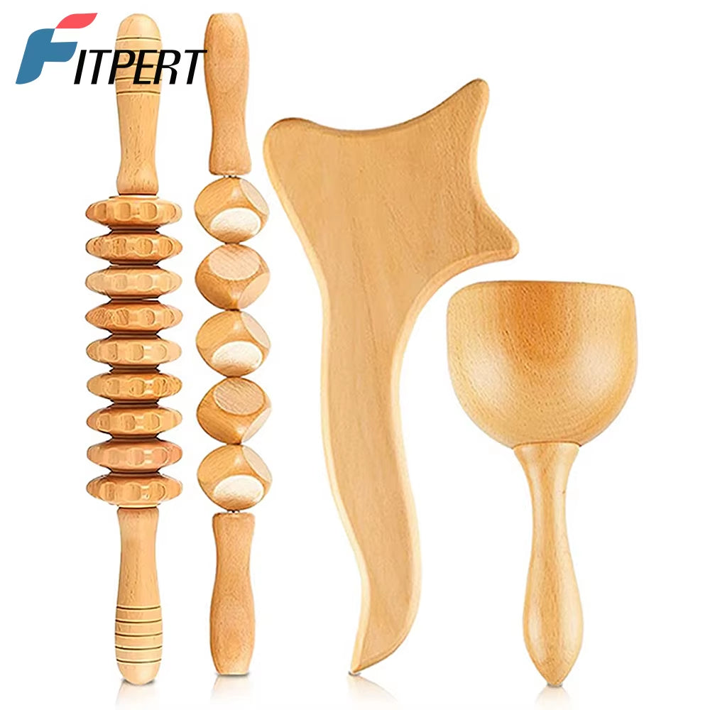 4 in 1 Wooden Therapy Massage Tools anti Cellulite Massager Muscle Pain Relief Wooden Kit for Body Shaping & Sculpting