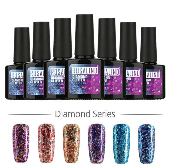 Set of Nail Diamond Nail Gel polish bottles with glitter polish samples in vibrant colors