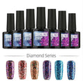Set of Nail Diamond Nail Gel polish bottles with glitter polish samples in vibrant colors