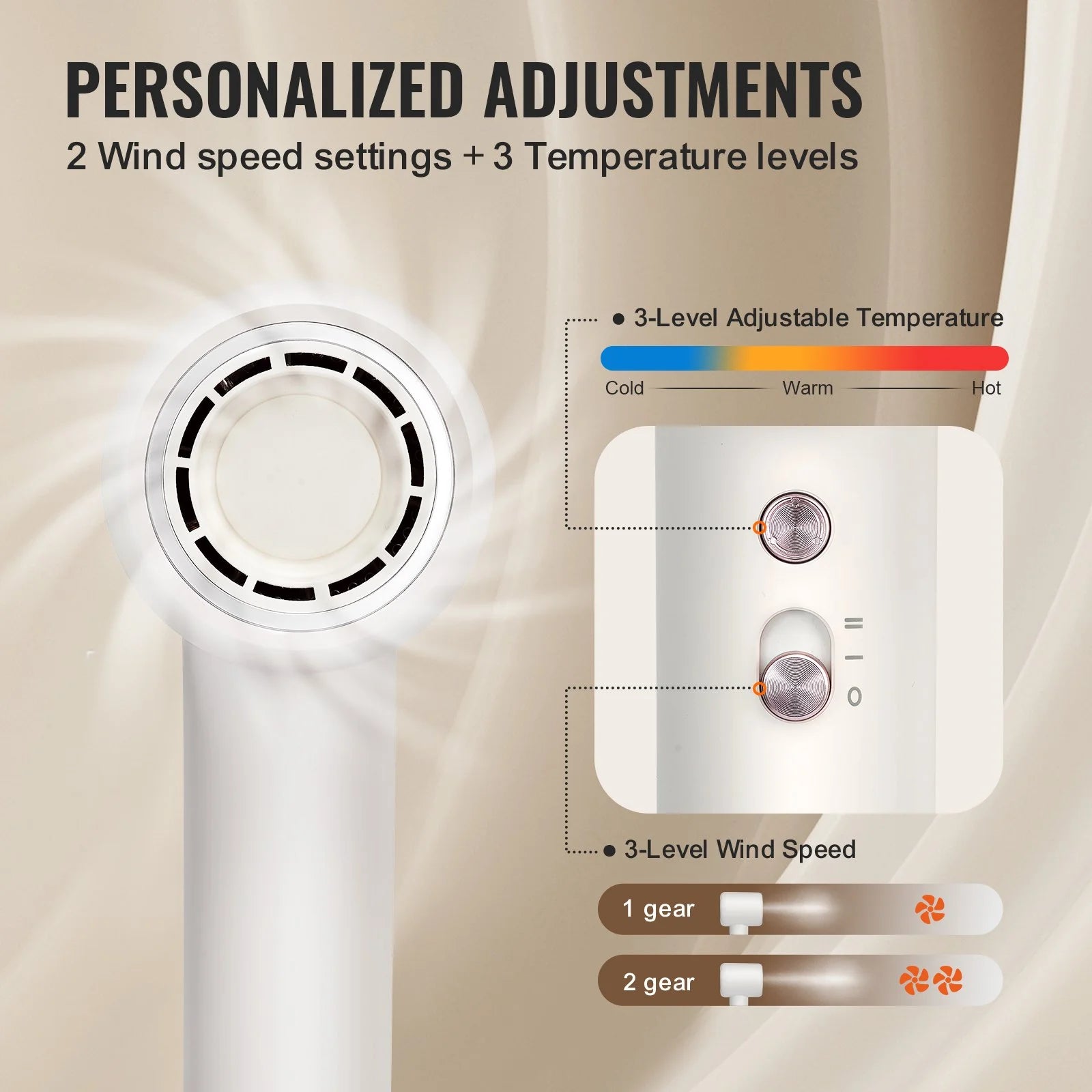 VEVOR High-Speed Hair Dryer with 102,000RPM Brushless Motor, 200 Million Negative Ions Hair Blow Dryer, 3-Color Temp LED Lights & 2 Speeds, Lightweight Hairdryer with Diffuser & Nozzle for Home Travel