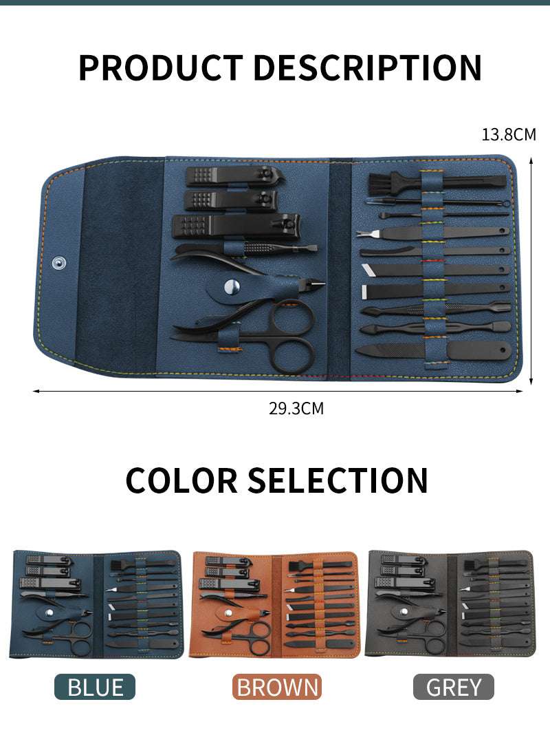 16-piece brown manicure set with nail clipper cutter, trimmer, ear pick, and grooming tools in PU leather case
