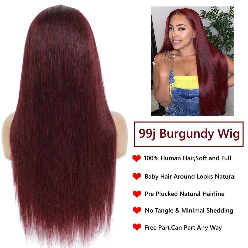 32 Inch 99J Burgundy Lace Front Wigs Human Hair 13X6.5 Straight HD Lace Front Wigs Human Hair 250% Density Glueless Straight Wigs Human Hair Pre Plucked with Baby Hair (99J Burgundy Wigs, 32 Inch)