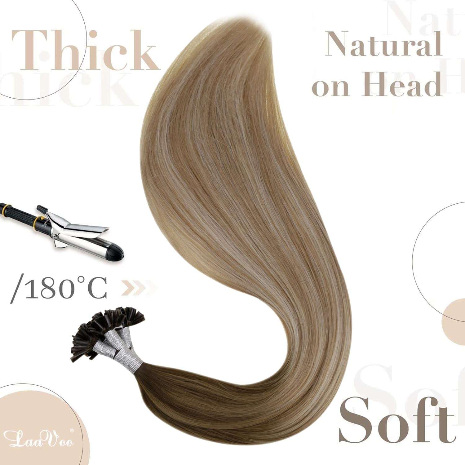 U Tip Hair Extensions Real Human Hair - Medium Brown Ombre, Golden Blonde Balayage, Platinum Blonde - 20Inch, 50G/S