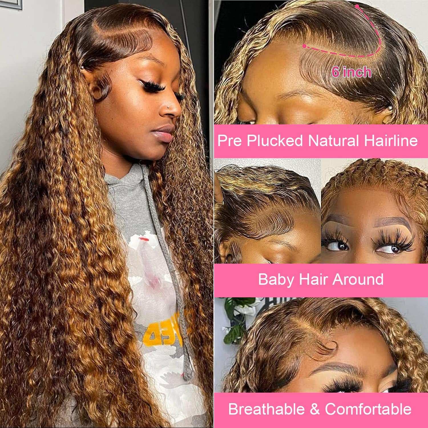26 Inch 13X6 Highlight Ombre Deep Wave Lace Front Wigs Human Hair Pre Plucked #4/27 Colored Glueless Wigs Water Wave Honey Blonde Curly Lace Frontal Wigs Human Hair for Women