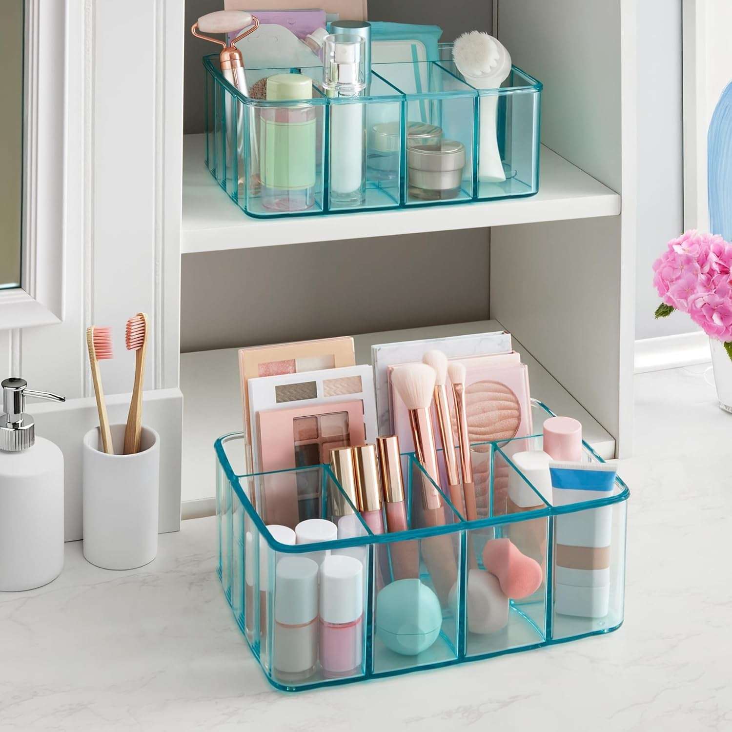 5-Compartment Plastic Organizer, Ocean Mist, Rectangular Divided Makeup and Vanity Storage Bin and Office Desk Caddy, Scalloped Wall Design, Made in USA
