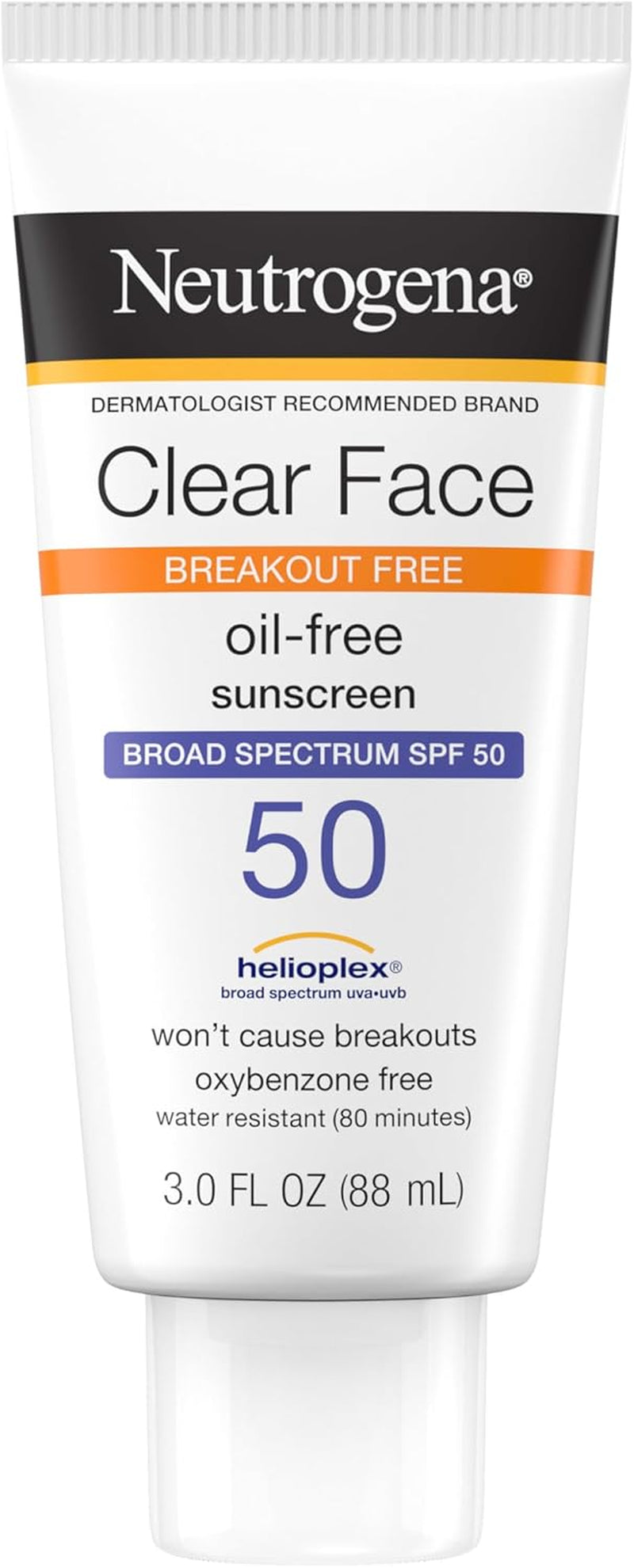 Neutrogena Clear Face Sunscreen Lotion for Acne-Prone Skin, Broad Spectrum SPF 50, Oil-Free and Fragrance-Free, Water Resistant, 3 Fl. Oz