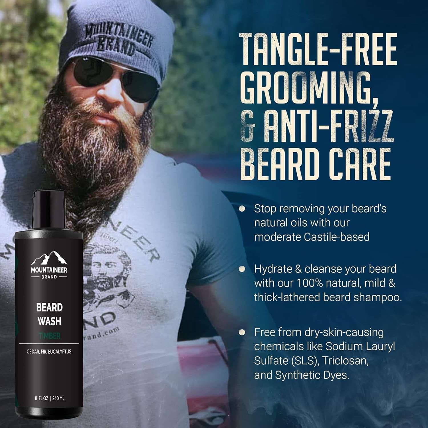 Beard Wash for Men | 100% Natural Beard Shampoo | Thick Cleaning Softening Lather for Hair and Skin | Hydrate and Detangle | Grooming Treatment | WV Timber Scent 8Oz