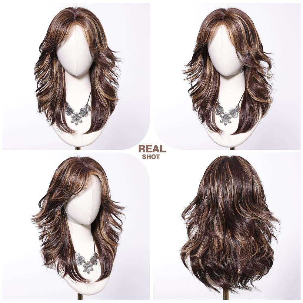 Short Brown Bob Wigs for Women Shoulder Length Brown Mixed Blonde Curly Wigs with Curtain Bangs Synthetic Heat Resistant Wigs for Daily Party Use 18IN