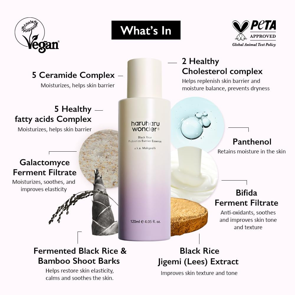 Wonder Black Rice Probiotics Barrier Essence 4.05 Fl. Oz Hydrating Milky Toner for Dry Skin, Soothes, Locks in Moisture, and Reduces Redness by Strengthening the Skin Barrier, Vegan