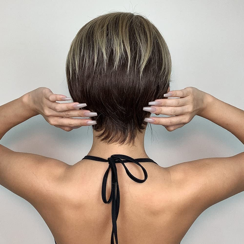 Female Hair Wigs - Short Golden Brown Wavy with Bangs, Layered Human Hair Wigs for Women