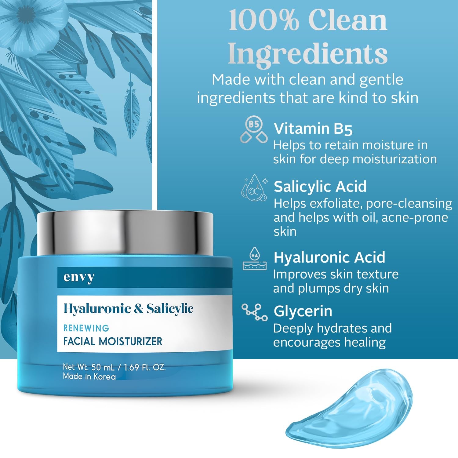 Hyaluronic & Salicylic Acid Face Moisturizer Cream - Hydrating, Acne Scar Reduction & Anti-Aging Day Cream - Dermatologist Tested, Clean Beauty for All Skin Types - 1.69 Fl. Oz