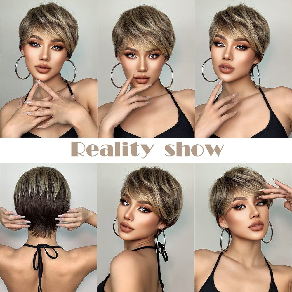 Female Hair Wigs - Short Golden Brown Wavy with Bangs, Layered Human Hair Wigs for Women