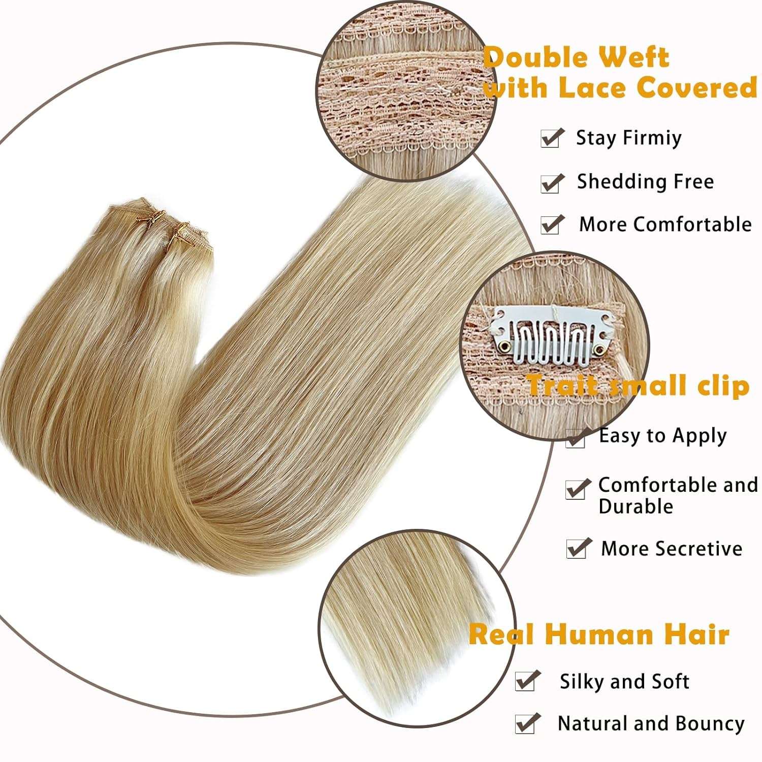 Blonde Human Hair Extensions for White Women 14 Inch 70G Blonde Double Weft Lace Real Human Hair Clip in Hair Extensions 4Pcs Platinum Blonde Hair Extensions Real Human Hair