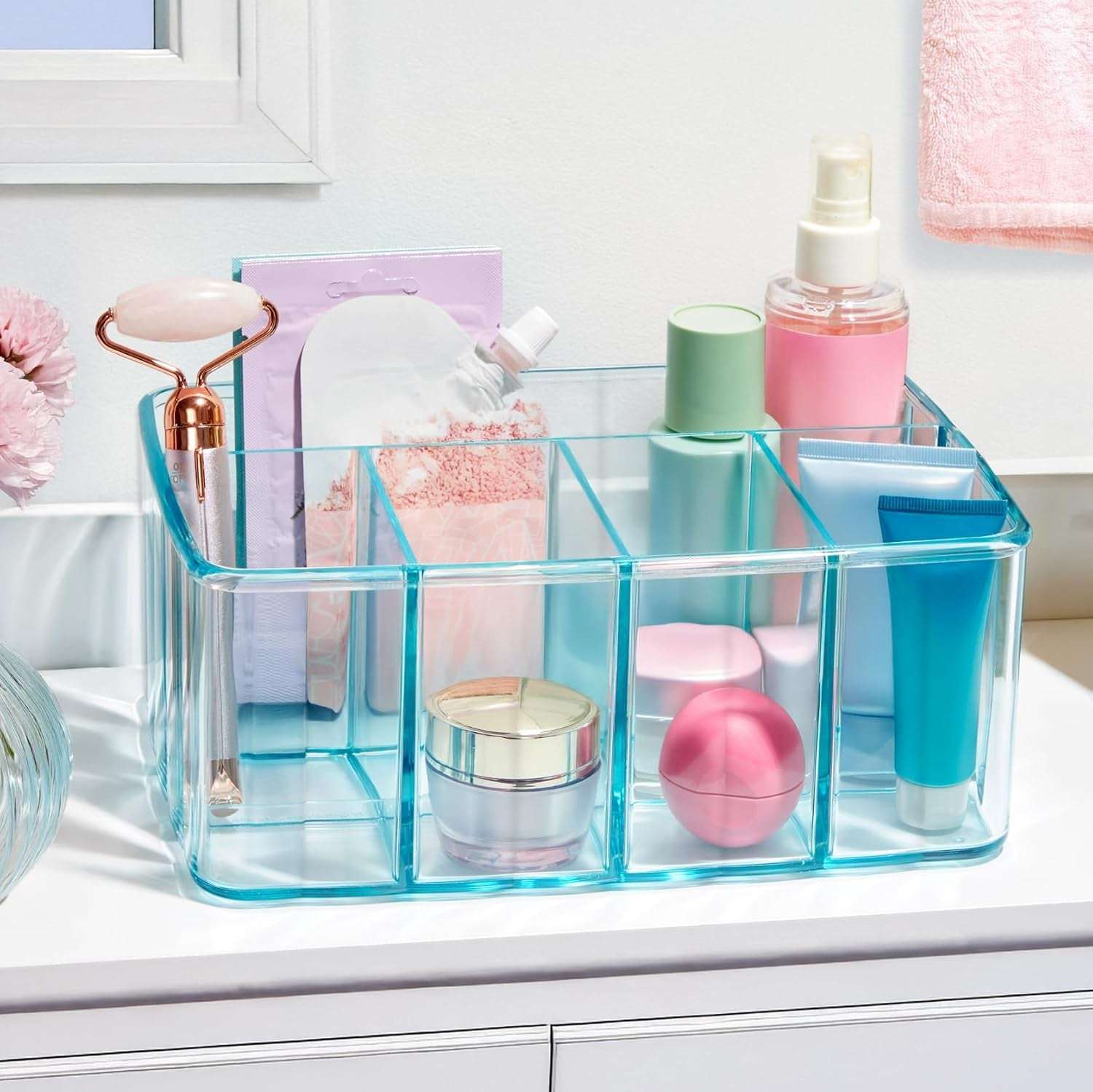 5-Compartment Plastic Organizer, Ocean Mist, Rectangular Divided Makeup and Vanity Storage Bin and Office Desk Caddy, Scalloped Wall Design, Made in USA