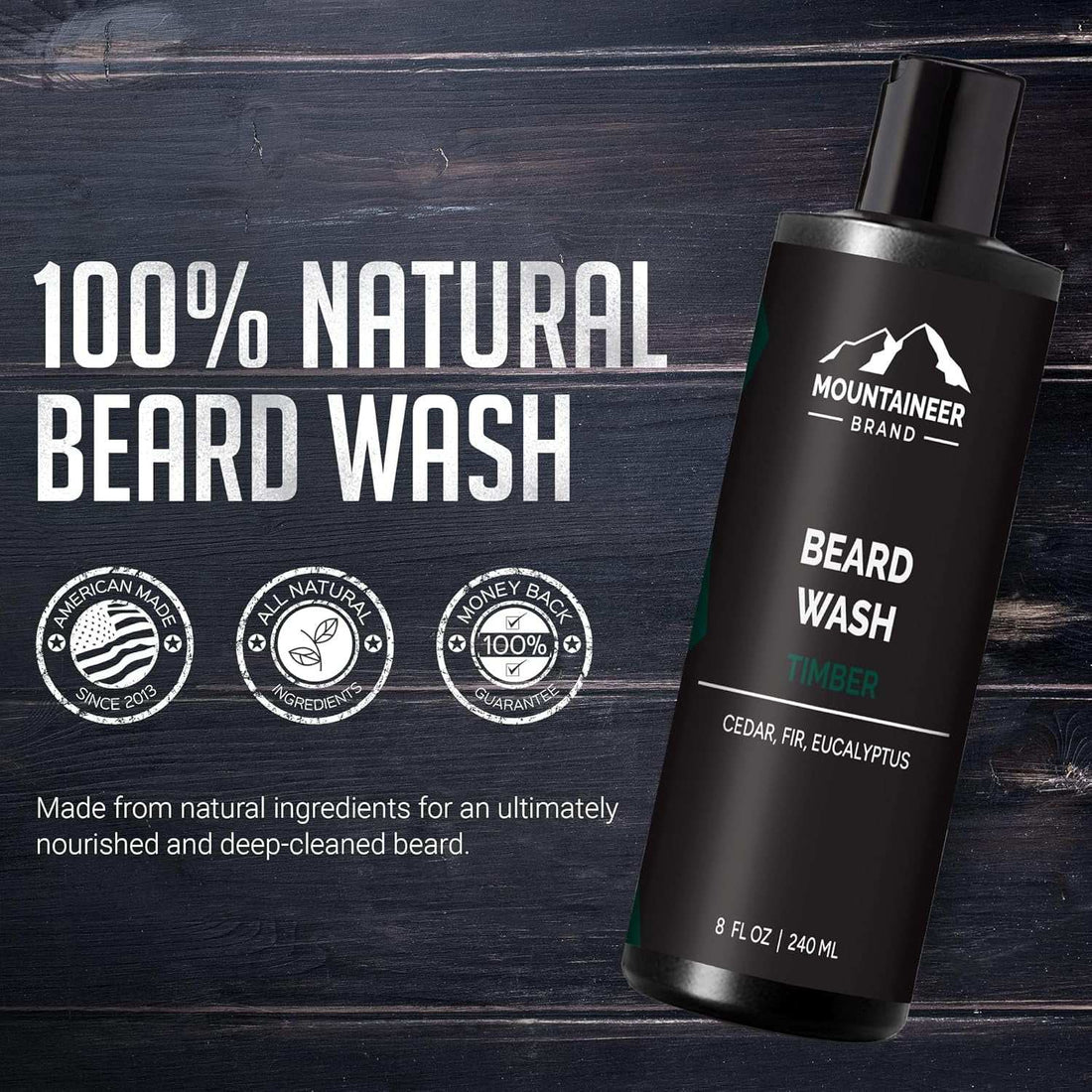 Beard Wash for Men | 100% Natural Beard Shampoo | Thick Cleaning Softening Lather for Hair and Skin | Hydrate and Detangle | Grooming Treatment | WV Timber Scent 8Oz