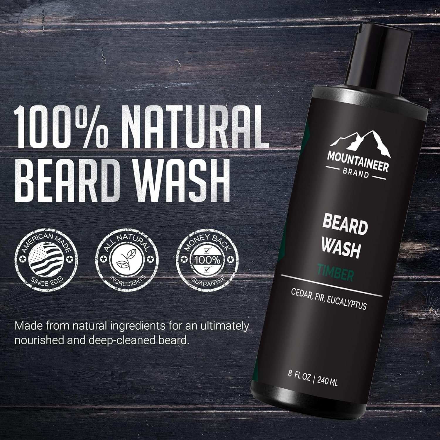Beard Wash for Men | 100% Natural Beard Shampoo | Thick Cleaning Softening Lather for Hair and Skin | Hydrate and Detangle | Grooming Treatment | WV Timber Scent 8Oz