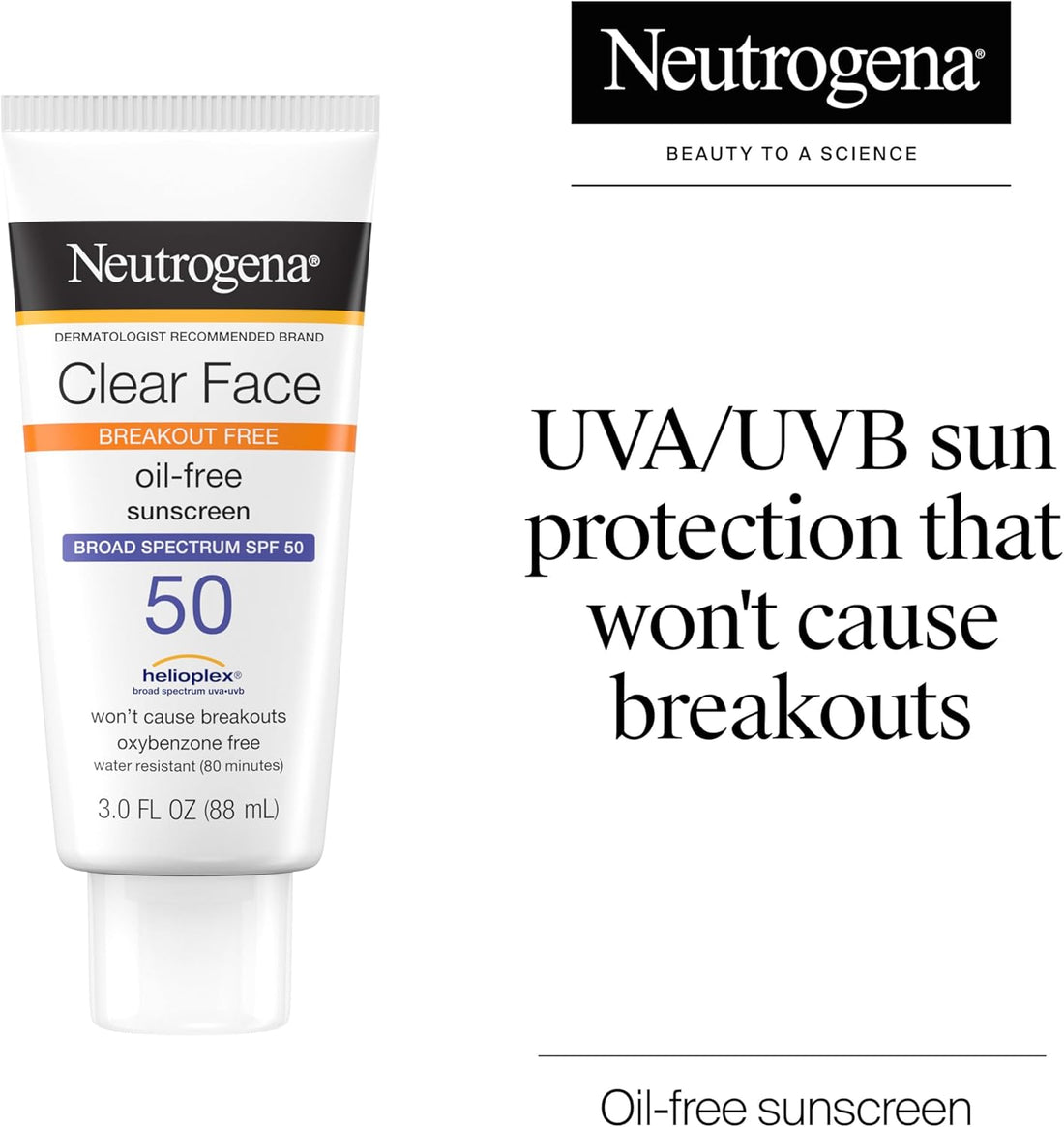Neutrogena Clear Face Sunscreen Lotion for Acne-Prone Skin, Broad Spectrum SPF 50, Oil-Free and Fragrance-Free, Water Resistant, 3 Fl. Oz
