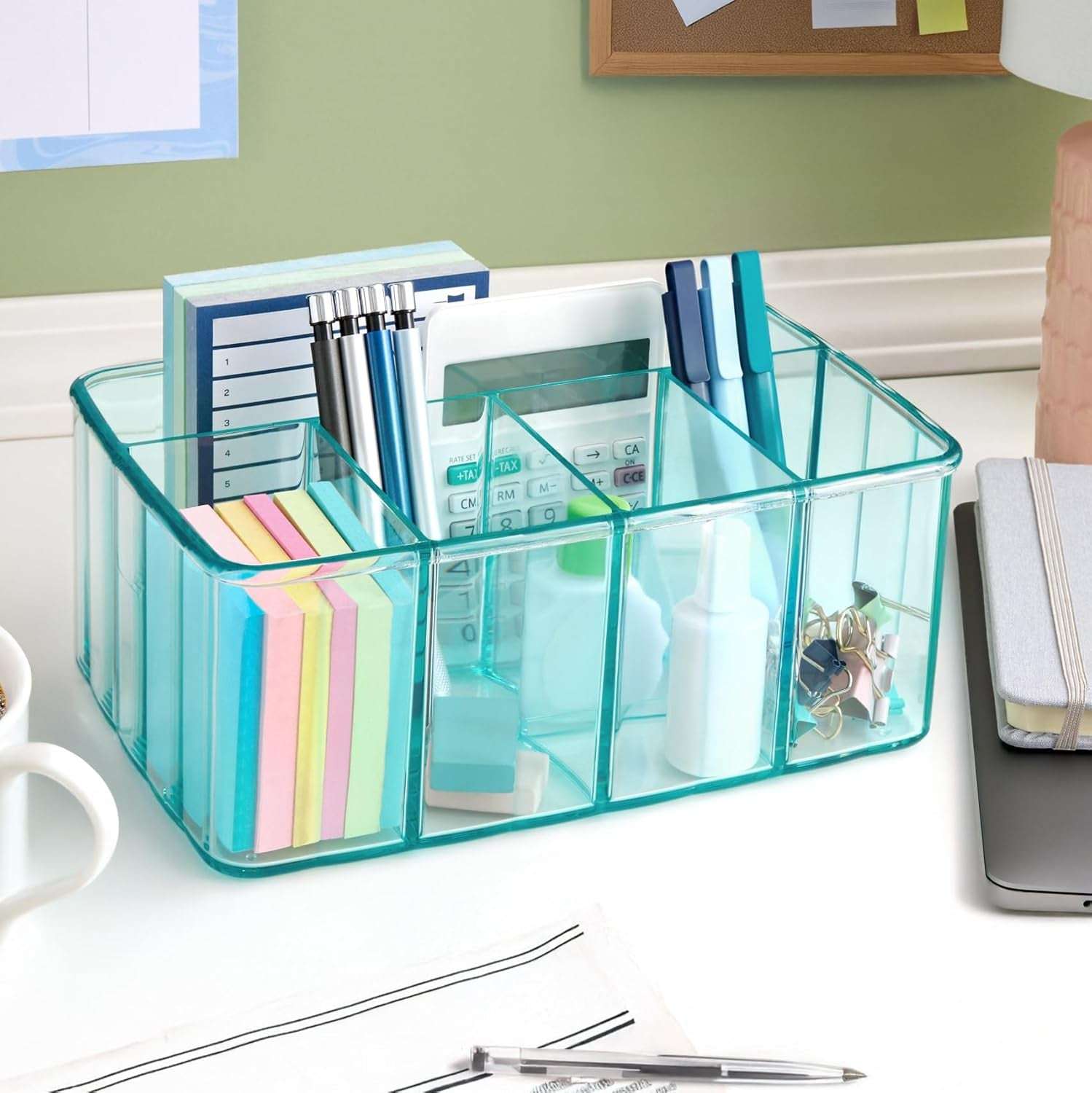 5-Compartment Plastic Organizer, Ocean Mist, Rectangular Divided Makeup and Vanity Storage Bin and Office Desk Caddy, Scalloped Wall Design, Made in USA