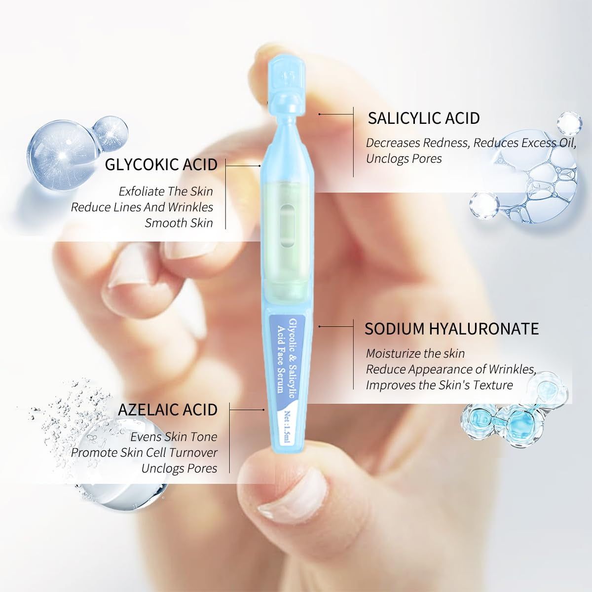 Salicylic Acid Serum for Face with Glycolic Acid, Azelaic Acid, Redness Relief, Hydrating & Smoothing Serum, anti Aging Facial Serum, 30 Ampoules