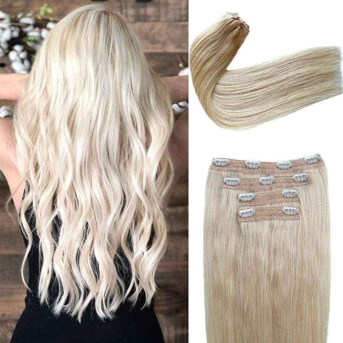 Blonde Human Hair Extensions for White Women 14 Inch 70G Blonde Double Weft Lace Real Human Hair Clip in Hair Extensions 4Pcs Platinum Blonde Hair Extensions Real Human Hair