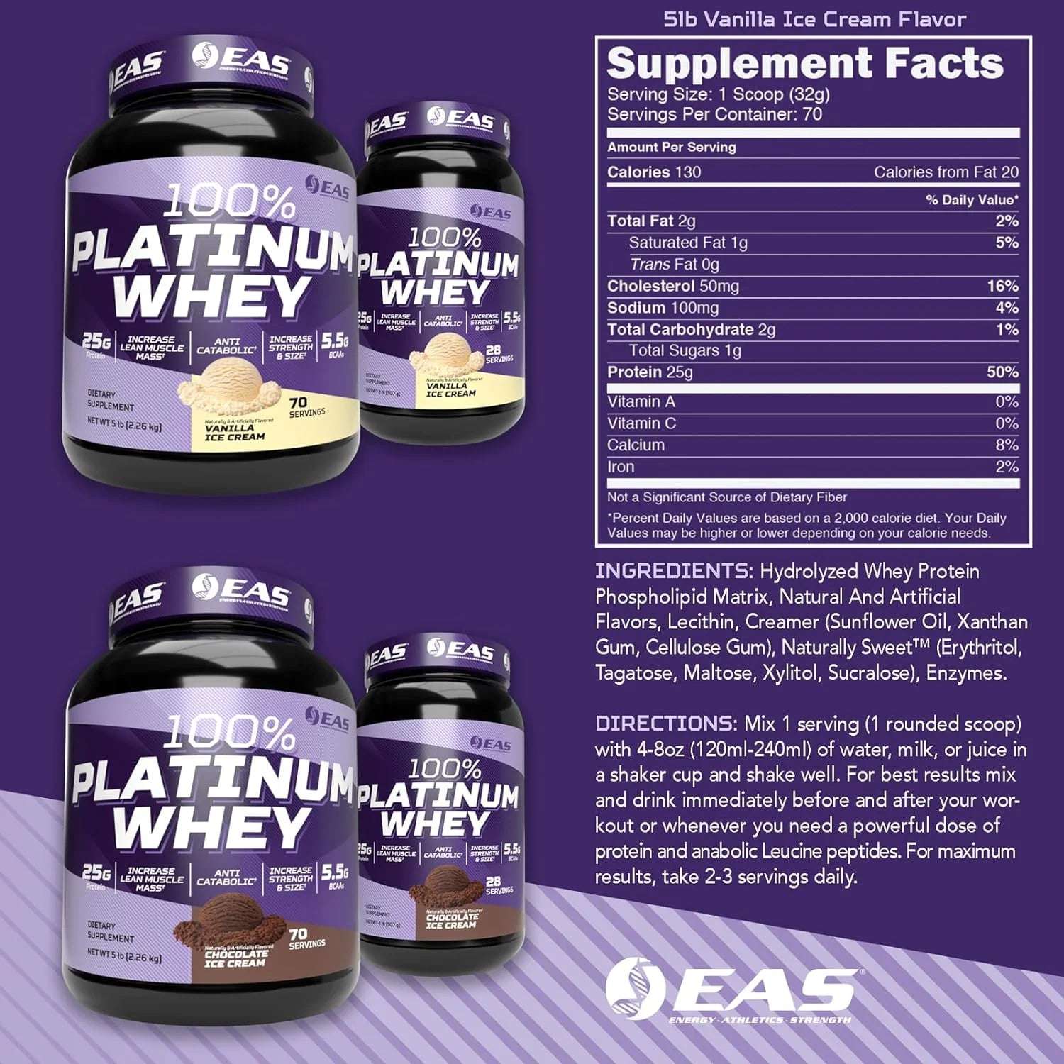100% Platinum Whey Powder - 25G Protein, anti Catabolic, 5.5G Bcaas - 5Lb Chocolate Ice Cream