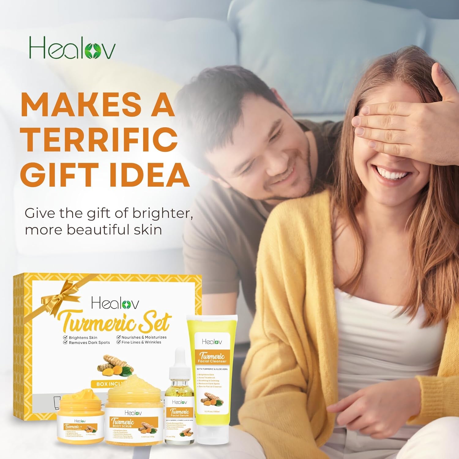 Turmeric Skincare Set – Turmeric Face Cleanser, Body Scrub, Cream & Facial Serum – Skin Brightening Hyperpigmentation Treatment, Dark Spot Corrector – Skincare Kit for a Glowing Complexion