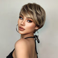 Female Hair Wigs - Short Golden Brown Wavy with Bangs, Layered Human Hair Wigs for Women