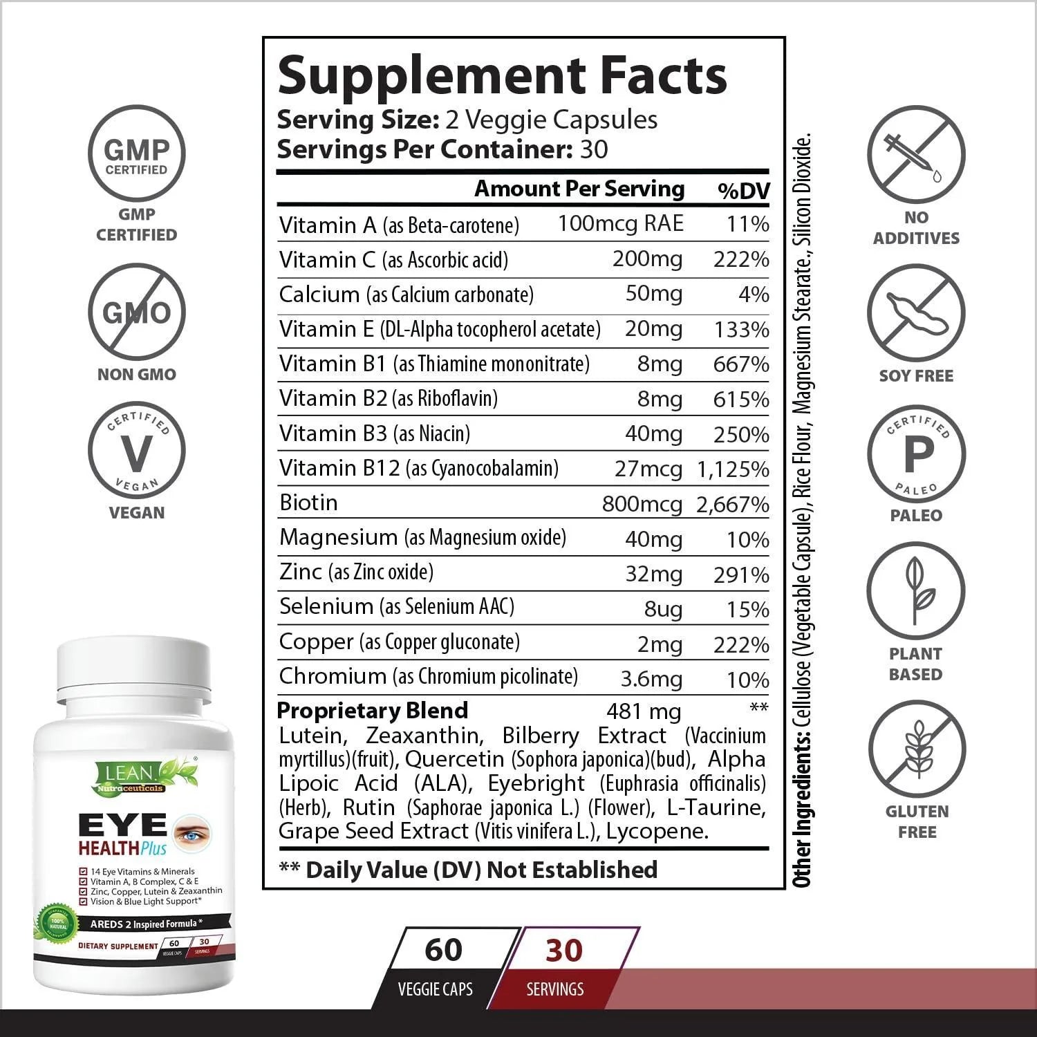 Areds 2 Eye Health plus W Copper Vitamin a B C E Lutein & Zeaxanthin Quercetin Zinc Bilberry Extract Biotin Sight Care Dryness Strain Night Vision Supplement for Adults 60 Capsule